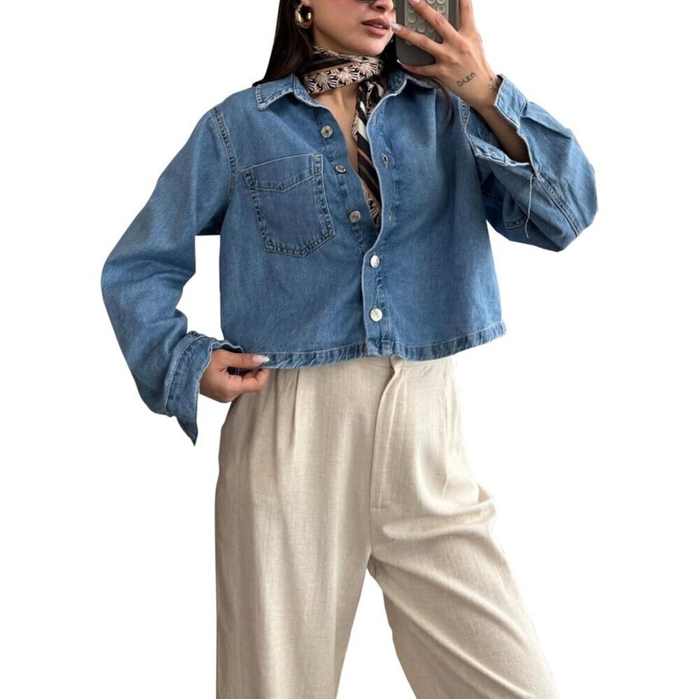 Women's Crop Jean Denim Jackets Button Down Long Sleeve Jacket Coat Blue-b